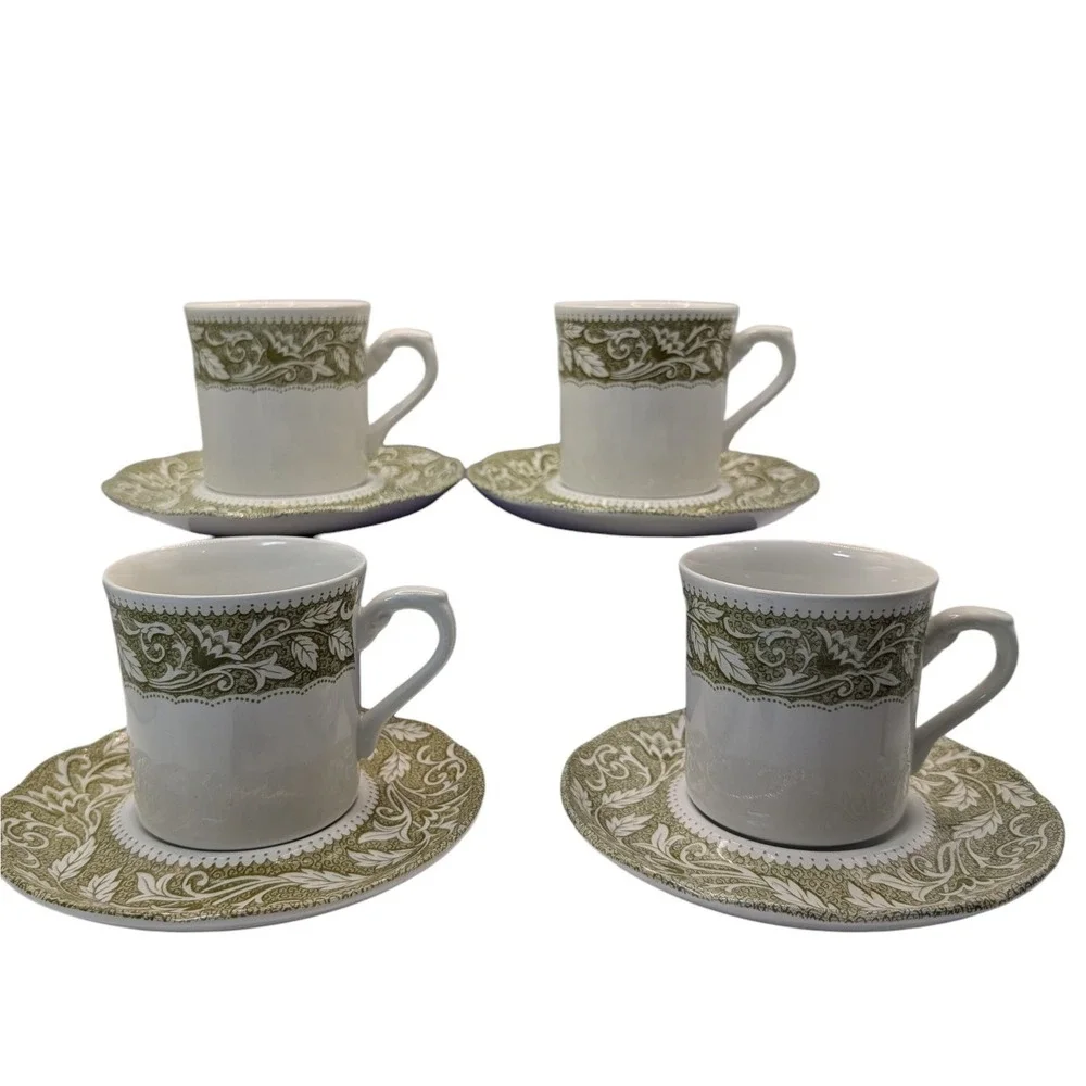 J G Meakin Teacups Saucers Renaissance Green English Ironstone‎ Set of Four SEE